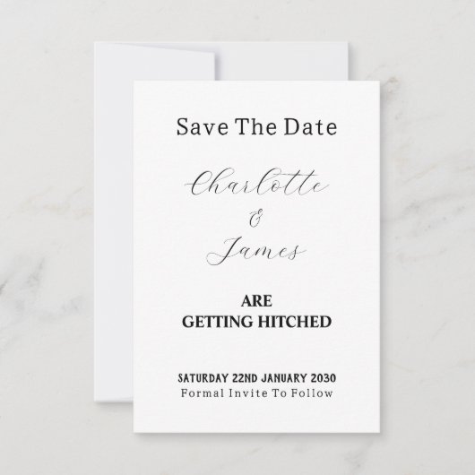 Elegant Getting Hitched Fun Zwart-wit Foto Save The Date (Voorkant)