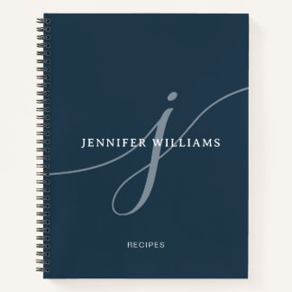 Elegant Gewoon Navy Blauw Script Monogram Recept Notitieboek