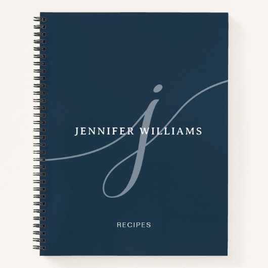 Elegant Gewoon Navy Blauw Script Monogram Recept Notitieboek (Voorkant)