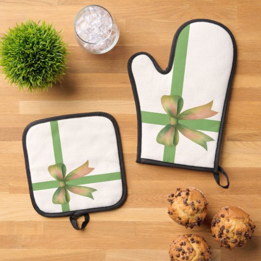 Elegant Gift Bow – Modern Christmas Design Ovenwant & Pannenlap Set (Top down)