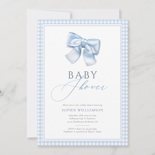 Elegant Gingham Blue Coquette Bow Baby shower Kaart (Voorkant)