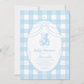 Elegant Gingham French Teddy Bear Baby shower Kaart (Voorkant)