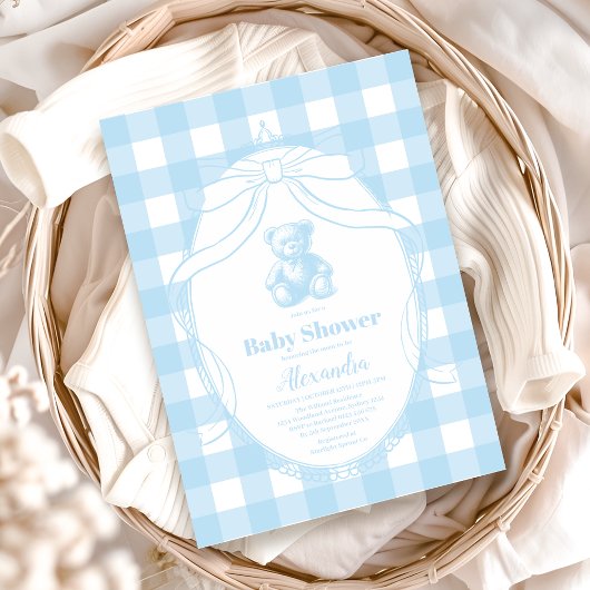Elegant Gingham French Teddy Bear Baby shower Kaart