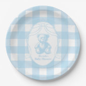 Elegant Gingham French Teddy Bear Baby shower Papieren Bordje (Voorkant)