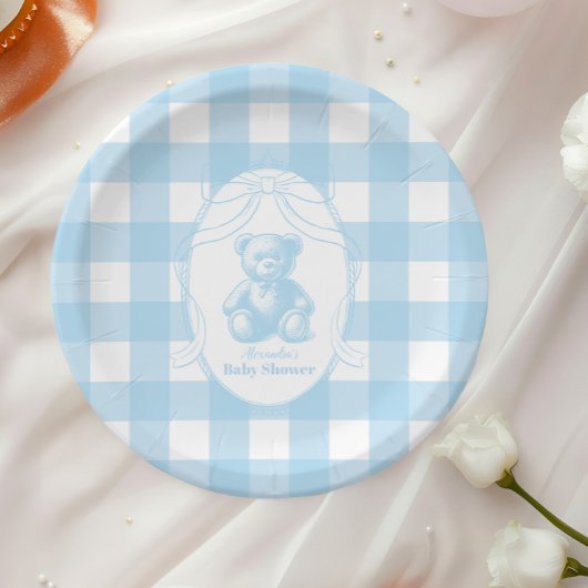 Elegant Gingham French Teddy Bear Baby shower Papieren Bordje