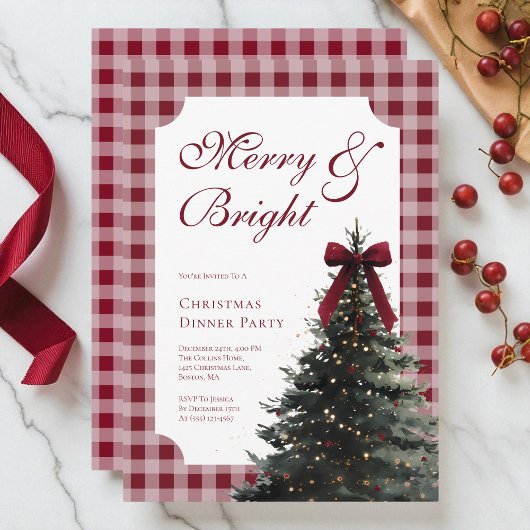 Elegant Gingham Red Bow Christmas Dinner Party Kaart