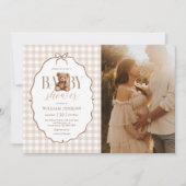Elegant Gingham Teddy Bear Baby shower Foto Kaart (Voorkant)