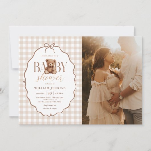 Elegant Gingham Teddy Bear Baby shower Foto Kaart (Voorkant)