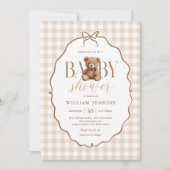 Elegant Gingham Teddy Bear Baby shower Kaart (Voorkant)