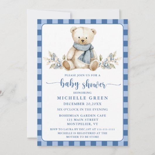 Elegant Gingham Teddy Bear Winter Baby shower Kaart (Voorkant)