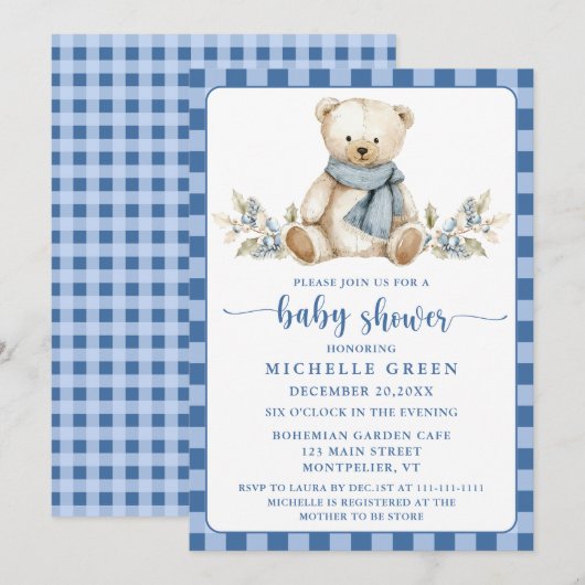 Elegant Gingham Teddy Bear Winter Baby shower Kaart (Voorkant / Achterkant)