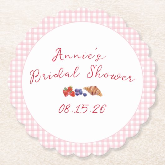 Elegant Gingham Zomer Brunch Vrijgezellenfeest Roz Kartonnen Onderzetters (Voorkant)