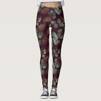 Elegant Ginkgo-blad in Bourgondië en Turkoois Leggings