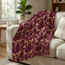 Elegant Ginkgo-bladpatroon Burgundyrood Goud Fleece Deken