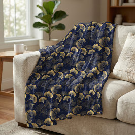 Elegant Ginkgo-bladpatroon Navy Blauwe Goud Fleece Deken