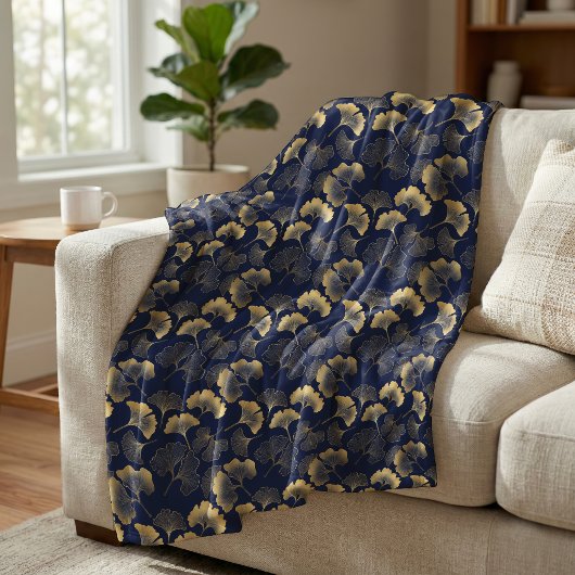 Elegant Ginkgo-bladpatroon Navy Blauwe Goud Fleece Deken