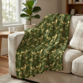 Elegant Ginkgo-bladpatroon Olijfgroen Goud Fleece Deken