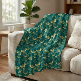Elegant Ginkgo-bladpatroon Teal Goud Fleece Deken