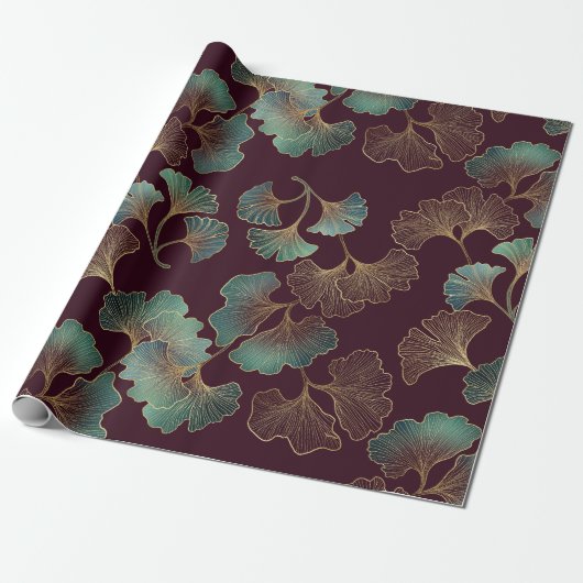 Elegant Ginkgo Leaf in Burgundy and Teal (1) Cadeaupapier (Uitgerold)