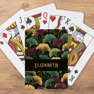 Elegant Ginkgo Patroon Monogram Naam Juweel Tinten Pokerkaarten