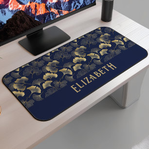 Elegant Ginkgo Patroon Naam Navy Blauwe Goud Bureaumat