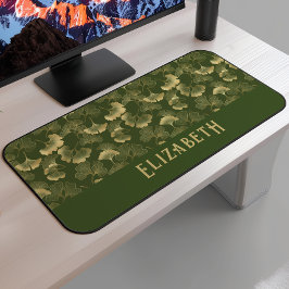 Elegant Ginkgo Patroon Naam Olijfgroen Goud Bureaumat