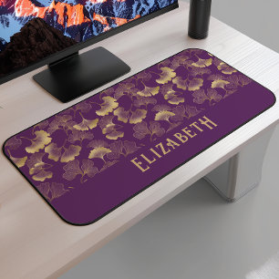 Elegant Ginkgo Patroon Naam Paars Goud Bureaumat