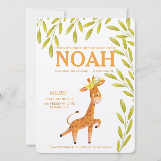 Elegant Giraffe Animals Safari Birthday Uitnodigin Save The Date (Voorkant)