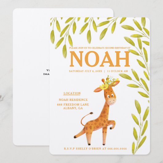 Elegant Giraffe Animals Safari Birthday Uitnodigin Save The Date (Voorkant / Achterkant)