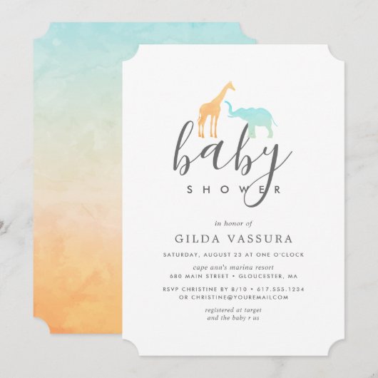 Elegant Giraffe Elephant Baby shower Invitation Kaart (Voorkant / Achterkant)