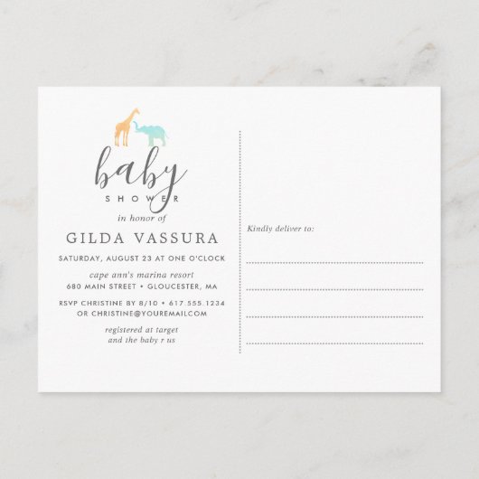 Elegant Giraffe Elephant Baby shower Invitation Uitnodiging Briefkaart (Achterkant)
