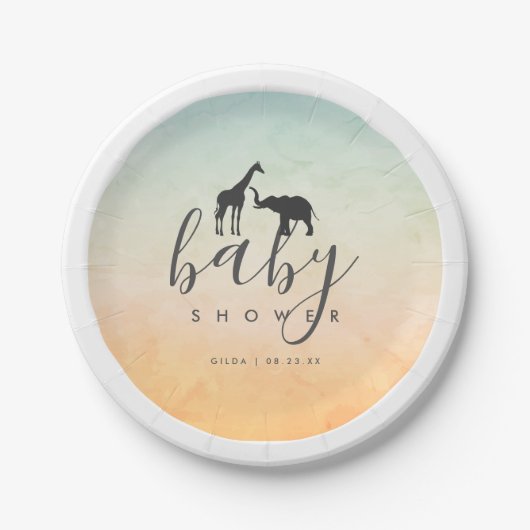 Elegant Giraffe Elephant Baby shower Papieren Bordje (Voorkant)
