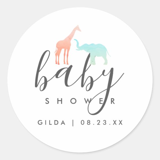 Elegant Giraffe Elephant Baby shower Ronde Sticker (Voorkant)