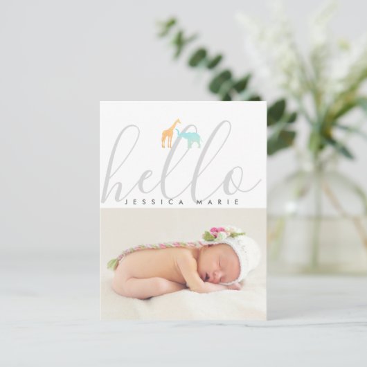 Elegant Giraffe Elephant Birth Announement Briefkaart (Staand voorkant)