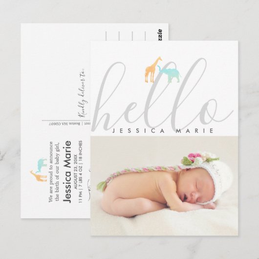 Elegant Giraffe Elephant Birth Announement Briefkaart (Voorkant / Achterkant)