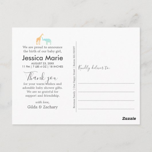Elegant Giraffe Elephant Birth Announement Briefkaart (Achterkant)