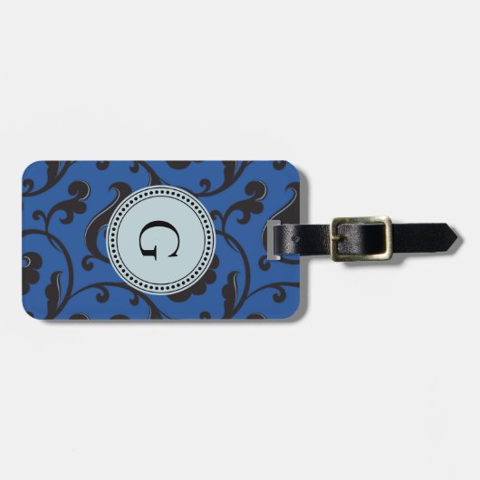 Elegant girale blauw bloemmonogram bagagelabel (Voorkant horizontaal)