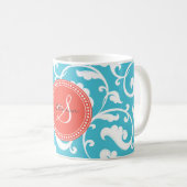 Elegant girale blauw bloemmonogram koffiemok (Voorkant rechts)