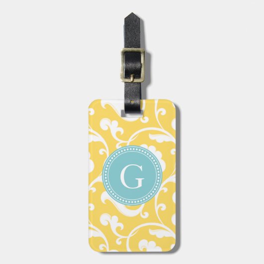 Elegant girale gele florale monogram bagagelabel (Voorkant verticaal)