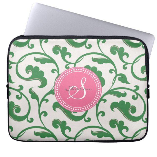 Elegant girale groen bloemenmonogram laptop sleeve (Voorkant)