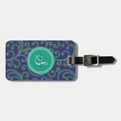 Elegant girale groene blauwe florale monogram bagagelabel (Voorkant horizontaal)