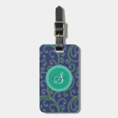 Elegant girale groene blauwe florale monogram bagagelabel (Voorkant verticaal)