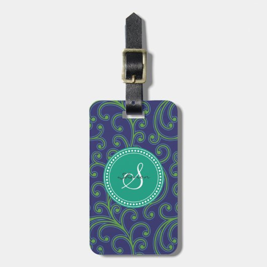 Elegant girale groene blauwe florale monogram bagagelabel (Voorkant verticaal)