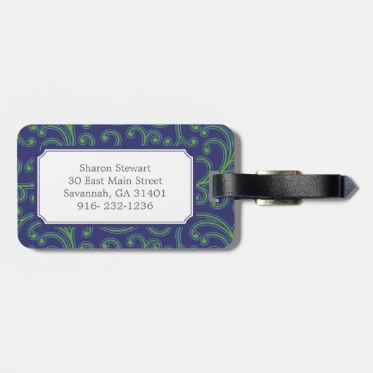 Elegant girale groene blauwe florale monogram bagagelabel (Achterkant horizontaal)