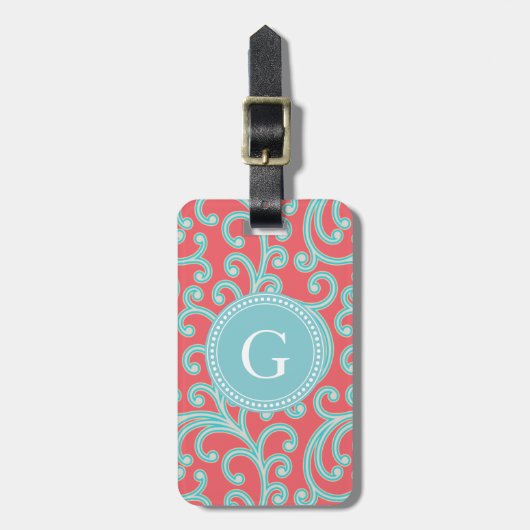 Elegant girale rode blauwe florale monogram bagagelabel (Voorkant verticaal)