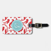 Elegant girale rode florale monogram bagagelabel (Voorkant horizontaal)