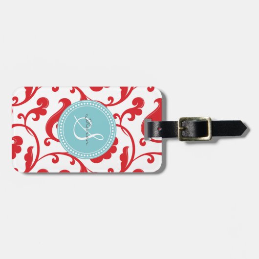 Elegant girale rode florale monogram bagagelabel (Voorkant horizontaal)