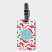 Elegant girale rode florale monogram bagagelabel (Voorkant verticaal)