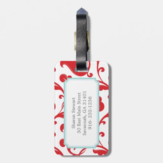 Elegant girale rode florale monogram bagagelabel (Achterkant verticaal)