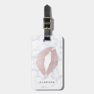elegant girale roos goud glitter lippen witte marm bagagelabel